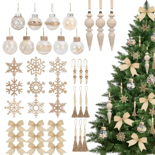39-Pack Neutral Rustic Christmas Ornaments Set for Farmhouse & Boho Holiday Decor
