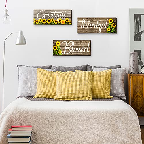 Farmhouse Sunflower Wooden Wall Art Signs, Thankful Grateful Blessed Plaques