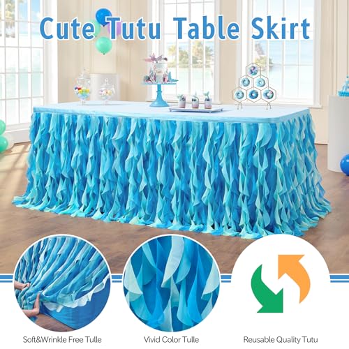 6FT Curly Willow Tulle Table Skirt for Party Decorations, Ocean Blue