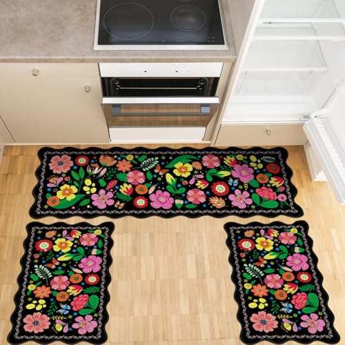 3-Piece Floral Kitchen Rug Set, Washable Boho Farmhouse Area Mats