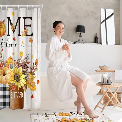 Fall Shower Curtain Set with Rugs - Autumn Pumpkin Maple Leaves Decor