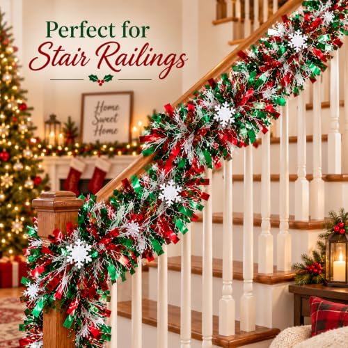 STARREY Christmas Tree Garland 50 Ft Red Green Snowflake Tinsel – Red Green Snowflake