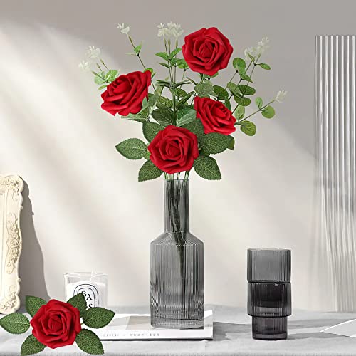 25pcs Dark Red Artificial Roses with Bendable Stems for Decor