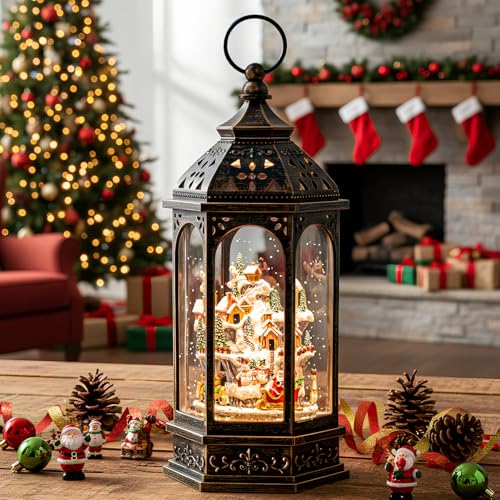 Qualdout Animated Christmas Village with Moving Figurines Lighted Water Lantern, USB & Battery Operated Snow Globe - Holiday Decor & Gifts
