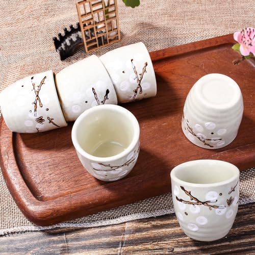 Whitenesser Japanese Ceramic Sake Cup Set of 6 - White Vintage Plum Tea Cups 1.81"