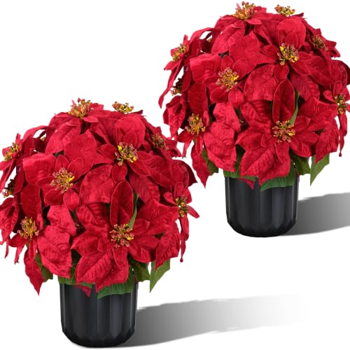 MHMJON 2 Pack 17-Inch Artificial Poinsettias in Pot for Christmas Holiday Decor