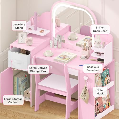 Kids Vanity Table and Chair Set with LED Lighted Mirror and Storage Cabinet
