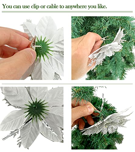 12-Pack 5.5-Inch Silver Glitter Poinsettia Christmas Tree Ornaments