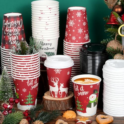 200 Pcs Christmas Paper Cups with Lids - 12 oz Snowflake Snowman Elk Design