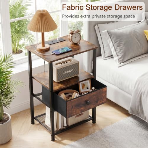 Nightstands Set of 2 with Charging Station, Fabric Drawer & Open Shelf
