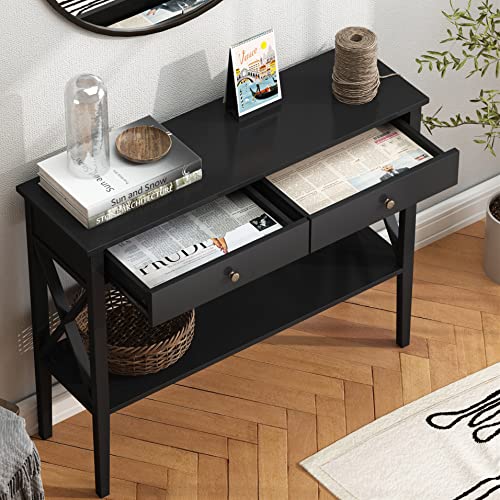 39-Inch Narrow Console Table with Drawers and Storage Shelf, Black