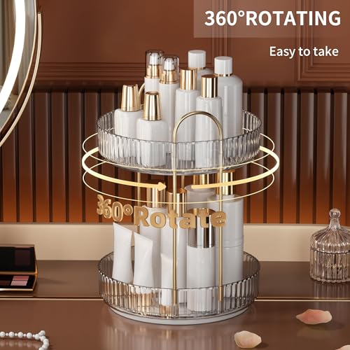 YCIA&DONE 9" x 9" x 12.6" Clear White 2-Tier 360° Rotating Makeup Organizer