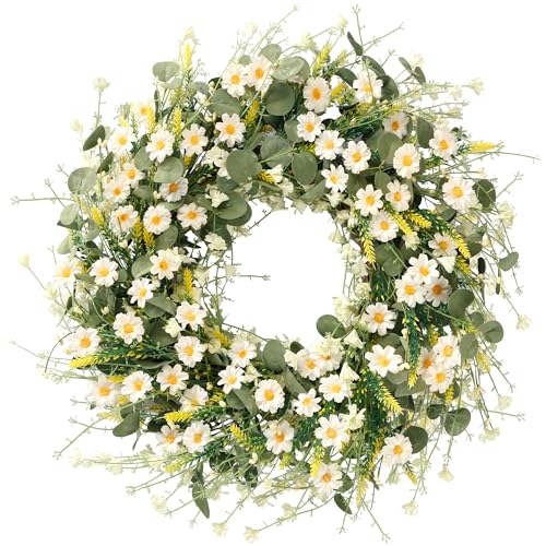 24-Inch Artificial White Daisy Wreath with Eucalyptus and Lavender