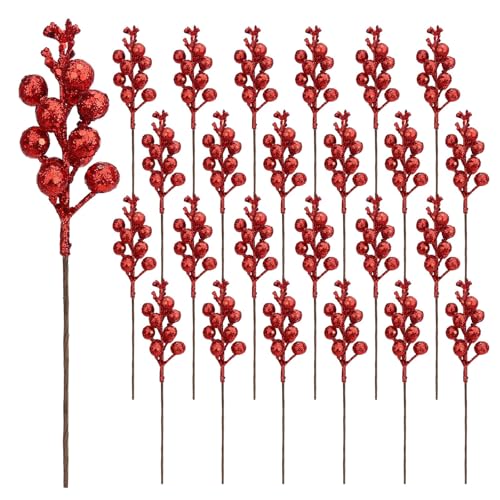 Jremreo 24 Pack 9 Inch Glitter Berry Stems – 15 Berries per Stem, Red Christmas Tree Ornaments & DIY Wreath