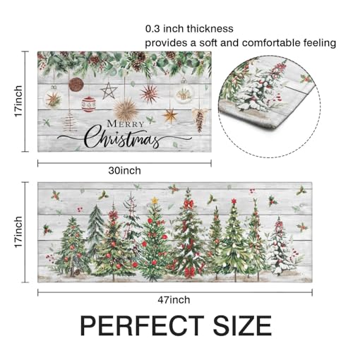 Twyt Decor Christmas Tree Holly Kitchen Rugs Set of 2 - 17x47 & 17x30 Non-Slip, Wood Grain Winter Decor (Variation: Christmas Tree)