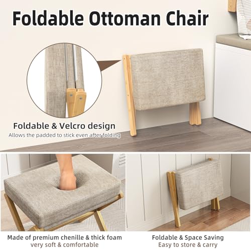 Foldable Bamboo Foot Stool Ottoman with Thick Foam Cushion