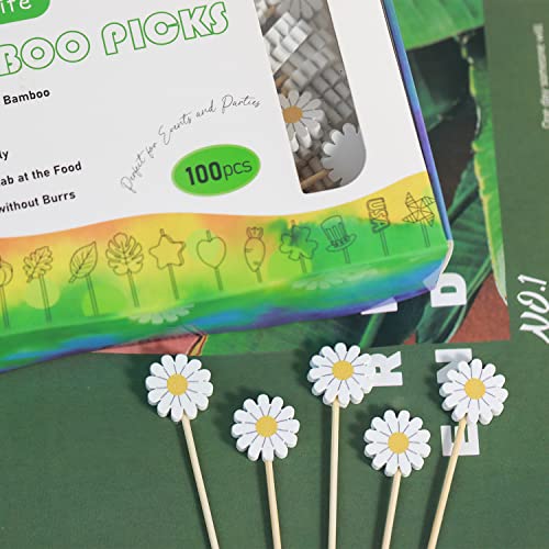 Crafterlife Daisies Spring Floral Cocktail Picks - 100 Eco-Friendly Food Skewers for Party & Appetizers