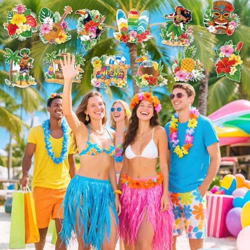 12-Piece Hawaiian Luau Party Decorations, Large Tropical Paper Cutouts