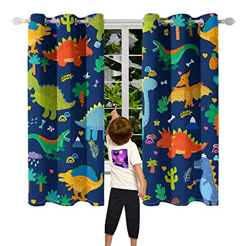 Dinosaur Print Blackout Curtains, Thermal Insulated Window Drapes 82x63
