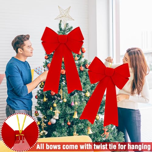 Heartome 12-Pack Red Velvet Xmas Bows, 12 x 18 in Outdoor/Indoor Glitter PVC for Doors, Fireplaces, Railings