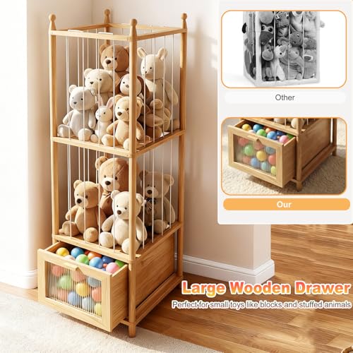 Solid Wood Stuffed Animal Storage Organizer with Clear Drawer