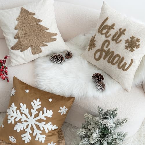 Rope Embroidered Christmas Tree Pillow Cover 18x18in Burlap Rustic Farmhouse Holiday Decor - Pack of 1