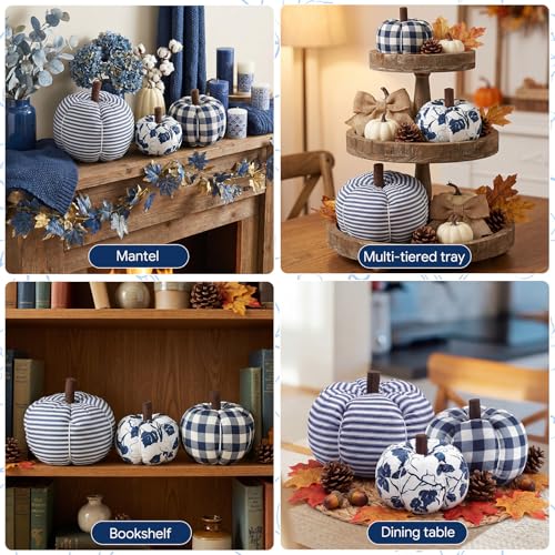 3-Piece Blue and White Fabric Pumpkin Set for Farmhouse Fall Decor