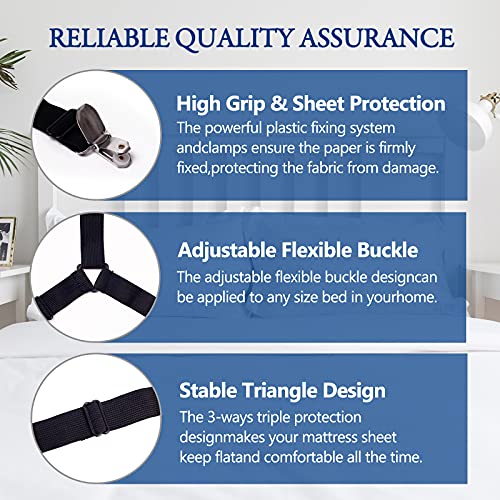 Adjustable Elastic Bed Sheet Holder Straps - 6 Way Clip Fasteners for Fitted Mattresses