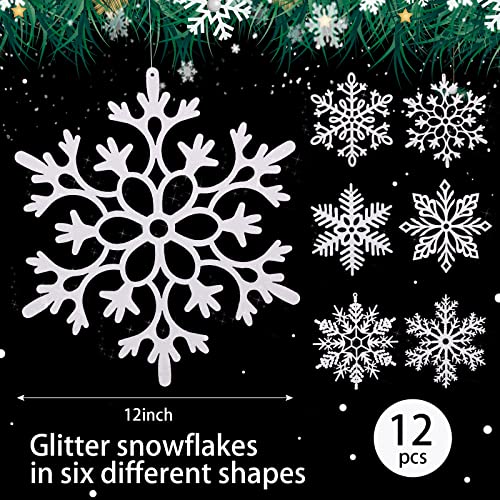 12-Pack 12" Glitter Snowflake Ornaments - Large Plastic Winter Decor