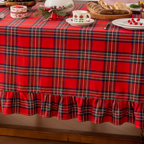 Joyfol Day Christmas Plaid Ruffled Tablecloth 120 x 60 Inch Rectangular, Red