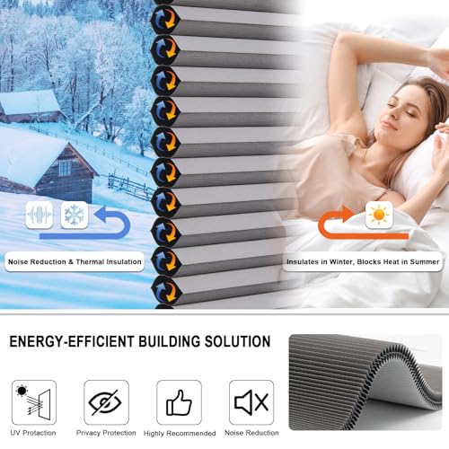 No Drill Cordless Honeycomb Shades, Thermal Insulating, Grey 22" W x 64" H