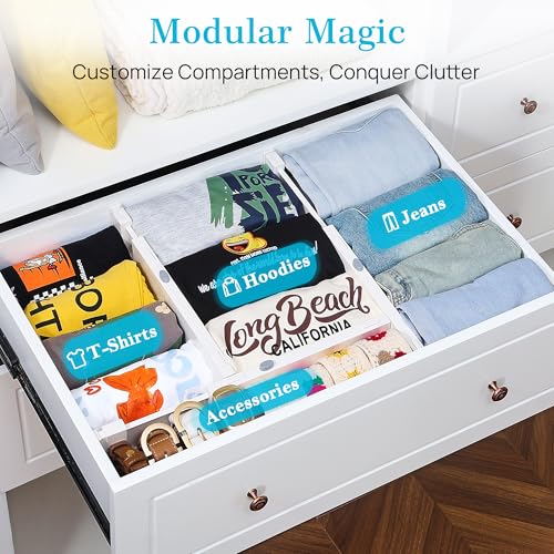 Vtopmart 6 Pack Drawer Dividers for Clothes, 4" High 11.3"-17" Adjustable Expandable Dresser Drawer Organizer, Plastic Drawers Separators for Dresser, Baby Clothes, Underwear, Kitchen & Office Storage