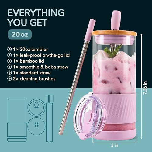 20 oz Glass Tumbler with Lids, Straws, and Silicone Sleeve - Lilac