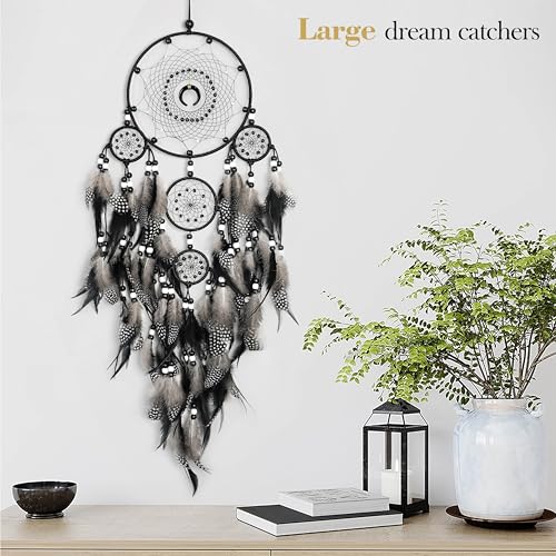 Large Black Dream Catcher Wall Decor with Tree of Life and Natural Feathers