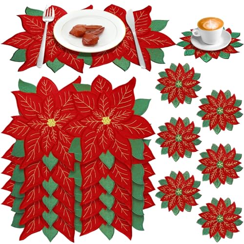 Tudomro Christmas Flower Embroidered Poinsettia Placemat & Coaster Set - Holiday Table Decor