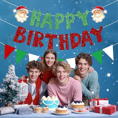 Christmas Birthday Banner, 2 Red/Green Banners with Triangle Pennant Garland