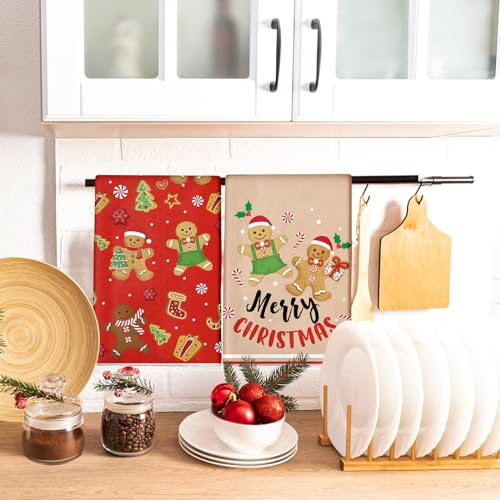 Patelai 6 Pcs Christmas Kitchen Towels Gingerbread Man Red Plaid