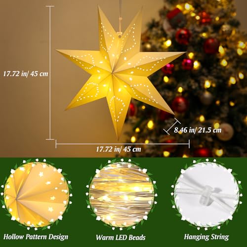 Lewondr 7-Pointed Star Christmas Paper Lantern 3 Pack with C-Warm Light