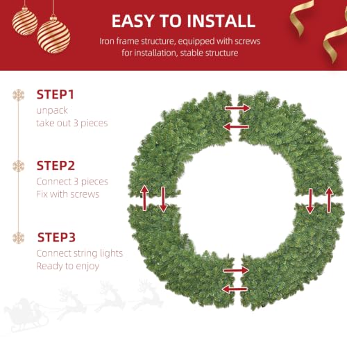 48in Pre-Lit Christmas Wreath with Bow, 270 LED Lights, Timer, Remote, Outdoor Decor