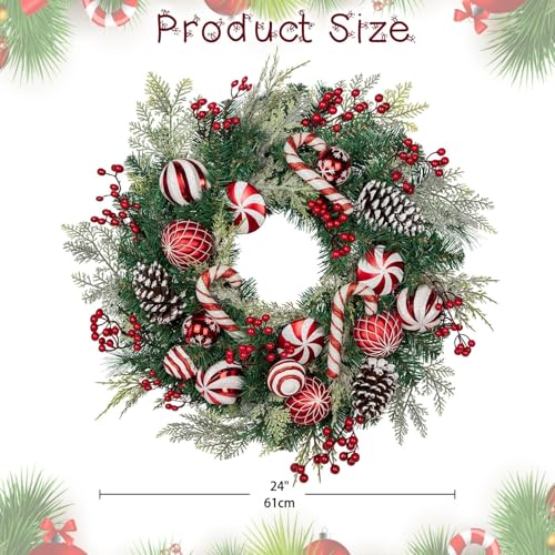 Red 24-Inch Christmas Door Wreath with Candy Canes Pinecones Berries - Indoor & Outdoor Decor
