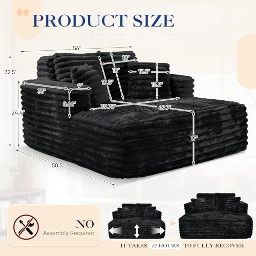 Oversized Faux Fur Chaise Lounge Sofa with Pillows, Black