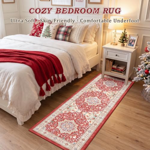 nesrt Boho Christmas Runner Rug 2x6Ft Red Holiday Non-Slip Washable Hallway