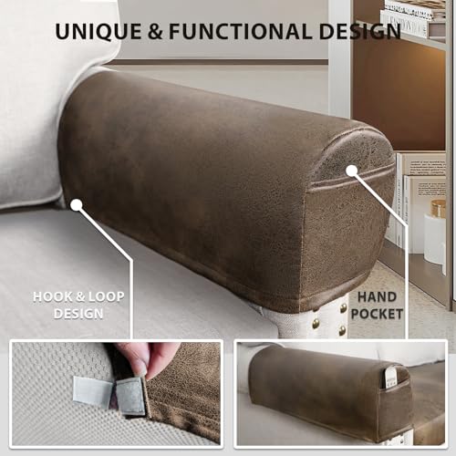 Leather Look Armrest Covers Set of 2 - Washable Spandex for Sofa