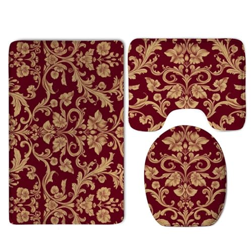 3-Piece Floral Bathroom Rug Set, Non-Slip Soft Flannel Bath Mat & Lid Cover