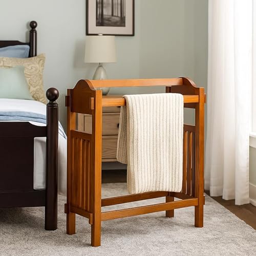 Wooden Quilt Rack with 3 Hanging Bars, Oak Brown Finish