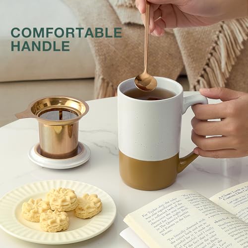 Gencywe Amber Large Tea Mug with Infuser, Lid & Spoon - 16oz Ceramic