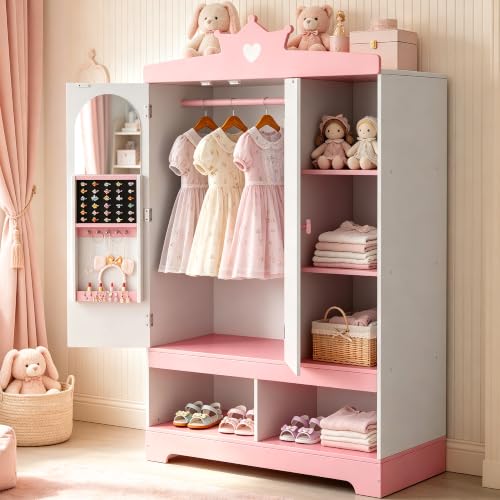 Kids Dress Up Storage Wardrobe with Hidden Jewelry Armoire and Mirror