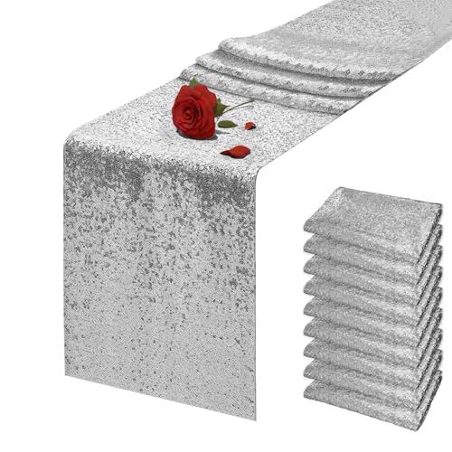 VHH 10 Pack Silver Sequin Table Runner 12 x 72 Inches - 10pcs