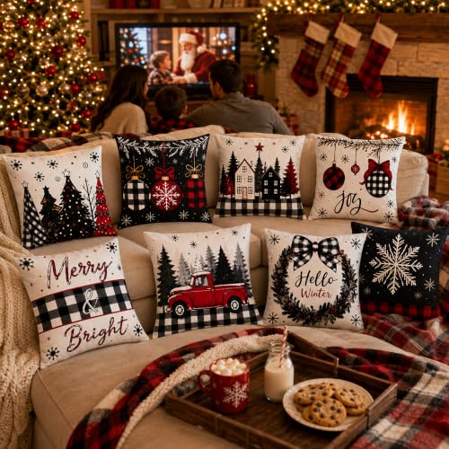 OHOME Christmas Decorations - Set of 4 Double-Sided Print Pillow Covers, Red & Black