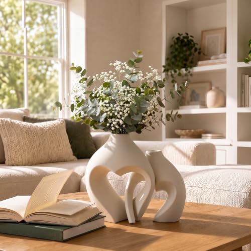 White Ceramic Heart-Shaped Vase Set of 2 - Boho Minimalist Table Centerpiece